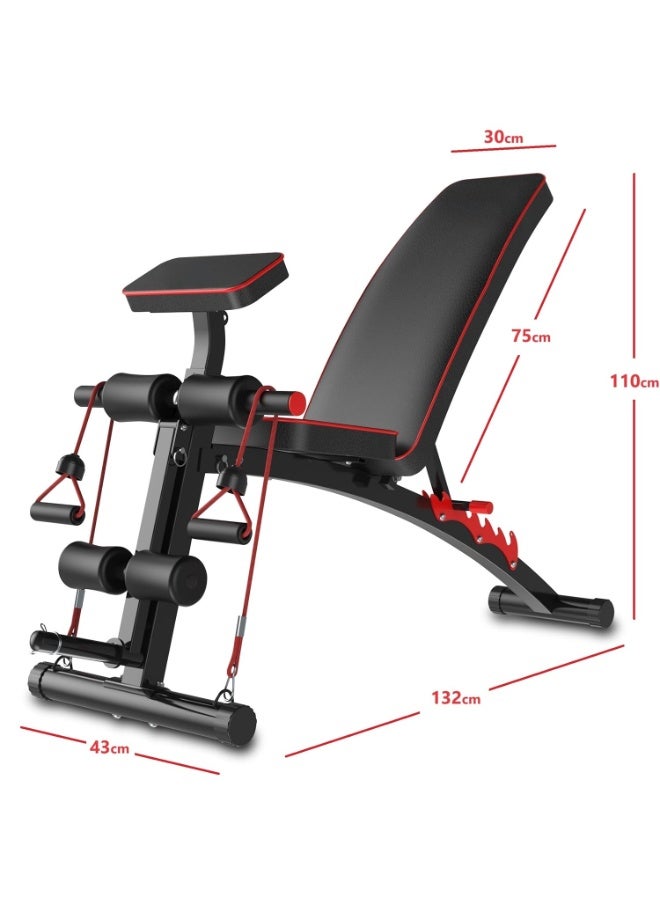 Fitness World A versatile, foldable, and adjustable weightlifting exercise bench with multiple incline positions, armrests, and resistance bands, featuring a sturdy steel frame – ideal for home workouts. - Image 4